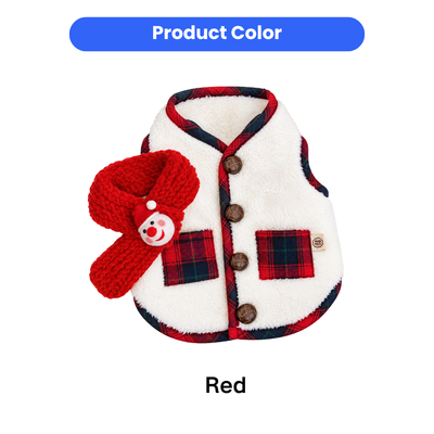 Red and white Christmas dog vest and scarf set color option with plaid trim and snowman scarf