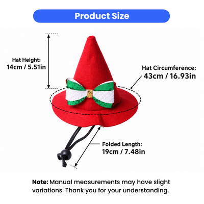 Christmas Pet Pointed Hat Size Guide with Adjustable Strap Christmas pet pointed hat size guide, 14 cm height, 43 cm circumference and adjustable 19 cm strap