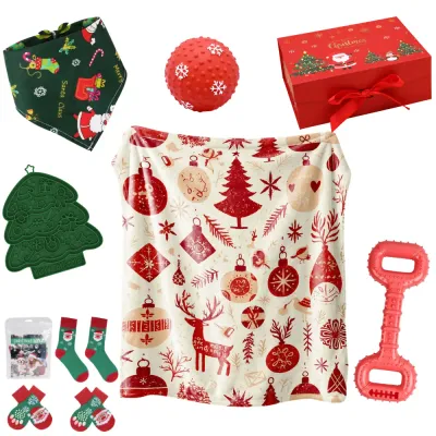 Complete Christmas dog gift set with blanket bandana socks lick mat chew toys ball and red gift box