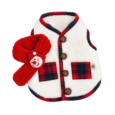 Plaid Christmas Dog Vest and Knitted Scarf Outfit Plaid trimmed Christmas dog vest with soft white fleece, button closure and red knitted holiday scarf for dogs
