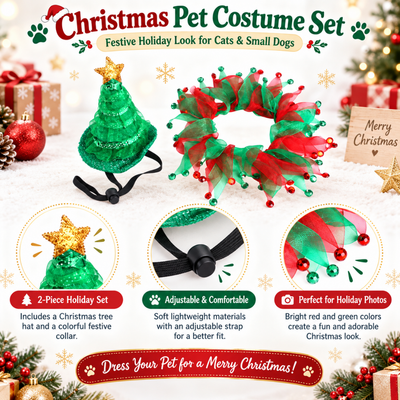 Christmas Pet Costume Set with Adjustable Hat and Festive Collar Two piece Christmas pet costume with green tree hat and red green adjustable festive collar