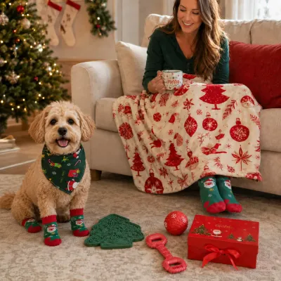 Dog wearing Christmas socks and bandana beside holiday blanket toys lick mat and gift box in living room
