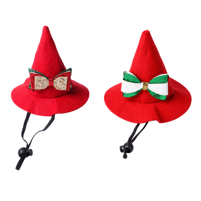 Christmas Pet Pointed Hats Gold and Silver Bow Styles Two red Christmas pet pointed hats with gold and silver bow styles and adjustable black chin straps