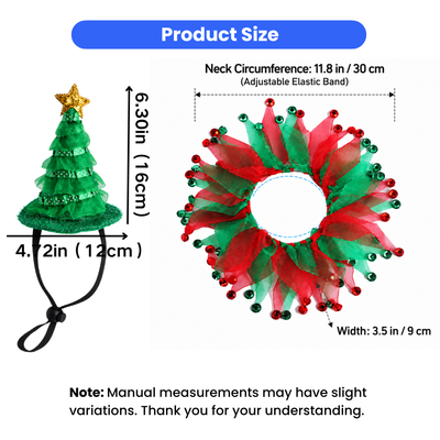 Christmas Pet Hat and Collar Size Guide for Cats and Small Dogs Christmas pet costume size chart with 16 cm tree hat and adjustable 30 cm neck collar