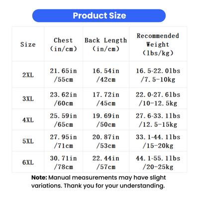 Christmas dog vest and scarf set size chart with chest, back length and recommended dog weight for 2XL to 6XL