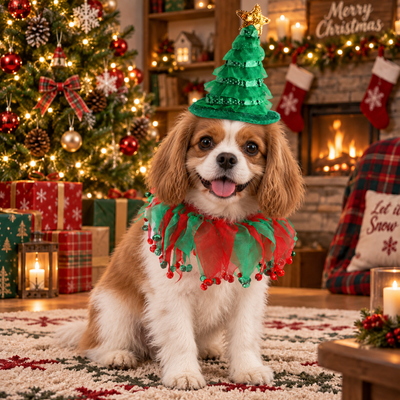 Christmas Dog Costume Tree Hat and Festive Collar for Small Dogs Small dog wearing green Christmas tree hat and red green holiday collar by Christmas tree