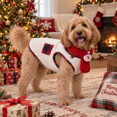Dog wearing a white coral fleece Christmas vest and red scarf beside a decorated Christmas tree in a holiday living room