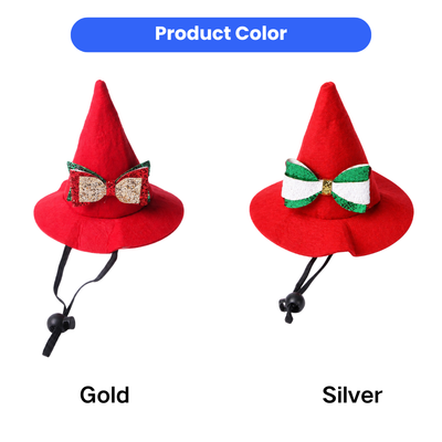 Christmas Pet Hat Gold and Silver Color Options Christmas pet pointed hat available in gold and silver bow color options with red felt design and adjustable strap