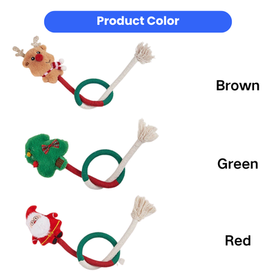 Christmas cat toy options in brown reindeer, green Christmas tree and red Santa designs