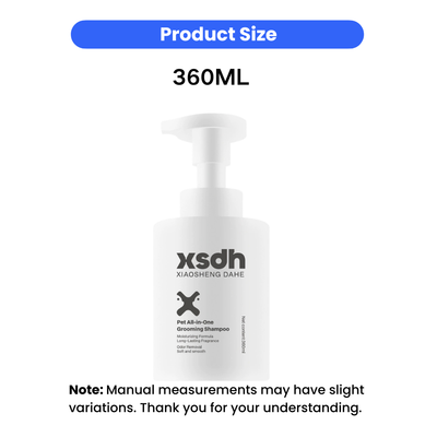360ml Pet Grooming Shampoo Product Size 360ml pet grooming shampoo pump bottle showing product capacity and packaging size