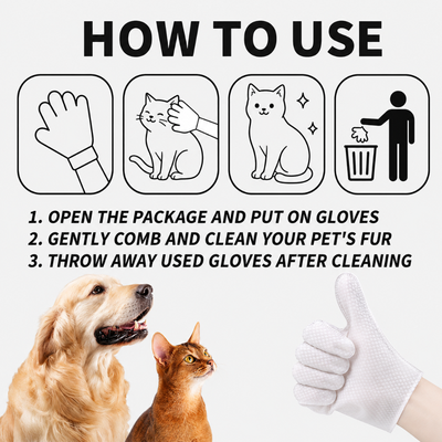 Pet Glove Wipes How to Use for Dogs and Cats How to use disposable pet glove wipes to gently clean and groom dogs and cats