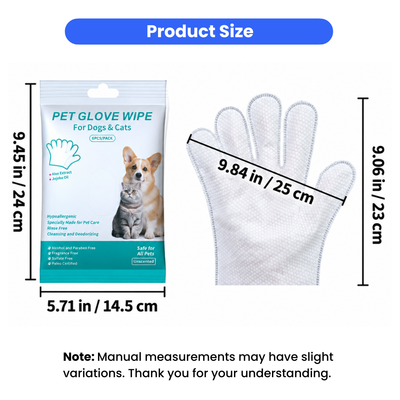 Pet Glove Wipes Size and Package Dimensions Pet glove wipe and package dimensions showing glove size 25 by 23 cm and package size 24 by 14.5 cm