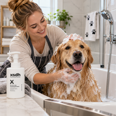 Dog Grooming Shampoo for Home Bathing Woman bathing a Golden Retriever with pet grooming shampoo in a home bathroom