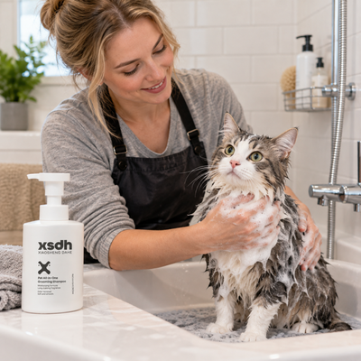 Cat Grooming Shampoo for Gentle Bathing Woman bathing a cat with gentle pet grooming shampoo in a bathroom