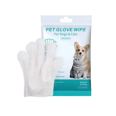 Packaged disposable pet grooming glove wipes with white five-finger cleaning glove