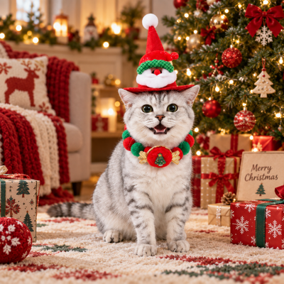 Christmas Cat Hat and Collar Set Holiday Costume Cat wearing Christmas Santa hat and festive collar beside decorated Christmas tree and gifts