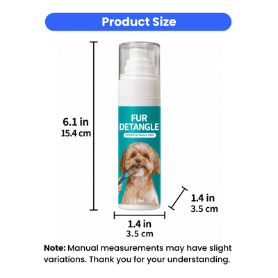 Pet Fur Detangler Spray Product Size and Dimensions Pet fur detangler spray size showing 6.1 inch height and 1.4 inch width with 50ml bottle