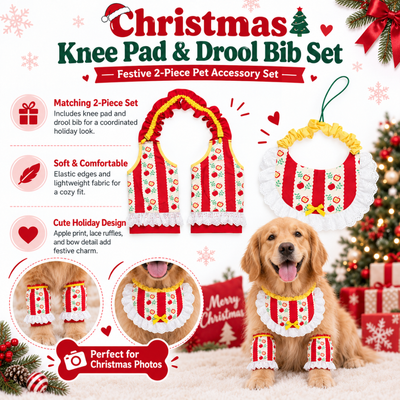 Christmas Dog Knee Pad and Drool Bib 2 Piece Set Red Christmas dog knee pad and drool bib 2 piece set with apple print lace ruffles and holiday design