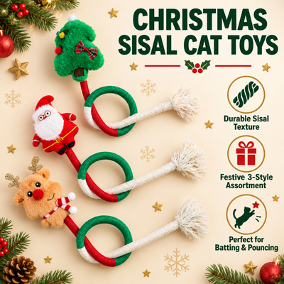 Christmas sisal cat toys in Santa, reindeer and Christmas tree styles with durable rope rings and tassels