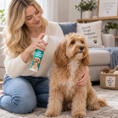 Dog Detangling Spray for Easy At Home Grooming Woman applying dog detangling spray to a long haired dog during at home pet grooming
