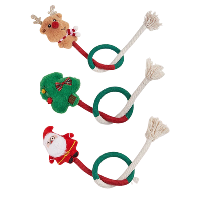 Three Christmas cat toys with Santa, reindeer and Christmas tree plush designs, rope rings and tassels