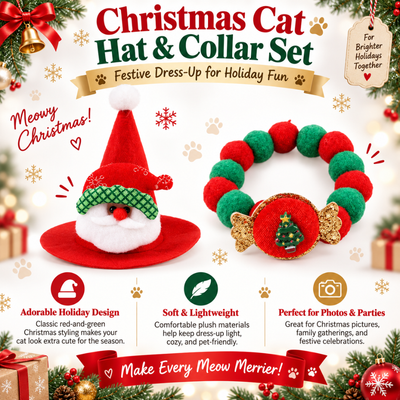 Christmas Cat Costume Hat and Collar Features Christmas cat hat and collar set with soft lightweight festive design for holiday photos and parties