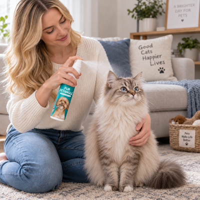 Cat Detangling Spray for Long Hair Grooming Woman using pet detangling spray on a long haired cat for easier brushing and coat care