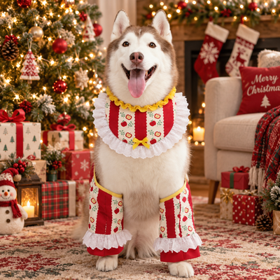 Christmas Dog Bib and Knee Pads for Large Dogs Large dog wearing red Christmas drool bib and matching knee pads in a decorated holiday living room