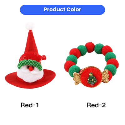 Christmas Cat Hat and Collar Set Product Styles Red Christmas cat Santa hat and red green pom pom collar with Christmas tree decoration