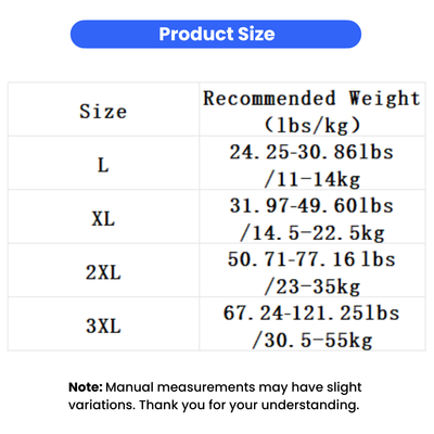 Christmas Dog Knee Pad and Drool Bib Set Size Chart Size chart for Christmas dog knee pad and drool bib set with recommended dog weight from L to 3XL