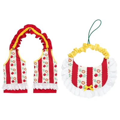 Red Christmas Pet Knee Pad and Bib Accessory Set Matching Christmas pet knee pads and drool bib with red apple print yellow trim and white lace ruffles
