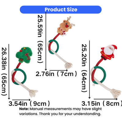Christmas sisal cat toy size chart showing Santa, reindeer and Christmas tree designs with rope ring and tassel