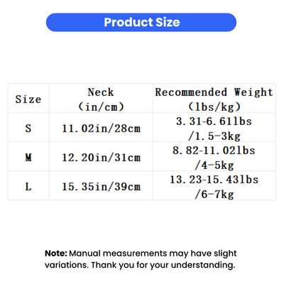 Christmas pet cape size chart showing S M L neck measurements and recommended pet weight