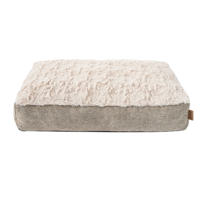 Soft Plush Rectangular Dog Mat Product View Soft cream plush rectangular dog mat with beige faux linen sides on white background
