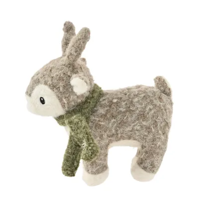 Gray Christmas reindeer felt dog toy with green scarf on white background
