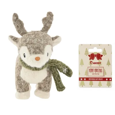 Christmas Reindeer Dog Toy with Retail Packaging Christmas reindeer felt dog toy with green scarf and retail hang tag packaging