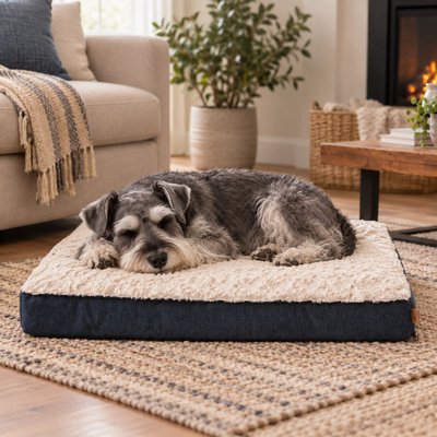 Cozy Dog Mat for Indoor Home Resting Schnauzer sleeping comfortably on a soft cream and navy dog mat in a cozy living room