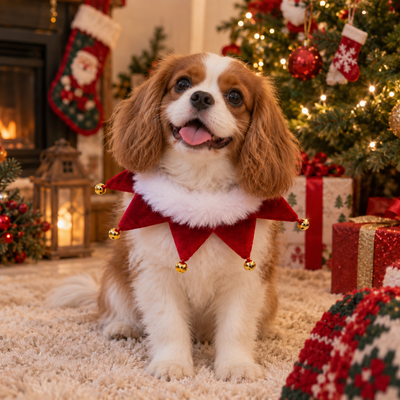 Small dog wearing red Christmas pet collar with white plush trim and gold bells in festive living room