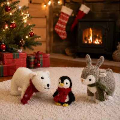 Christmas Holiday Plush Dog Toy Collection Christmas plush dog toy collection with polar bear penguin and reindeer displayed by holiday tree and fireplace