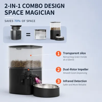 Space-saving 2-in-1 automatic pet feeder with transparent hopper, dual rotor and infrared detection