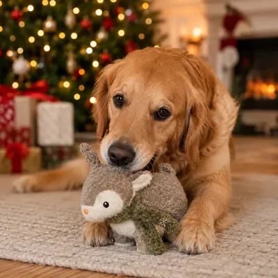 Golden retriever playing with Christmas reindeer squeaky dog toy beside holiday tree