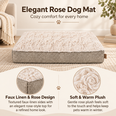 Elegant Rose Plush Dog Mat with Faux Linen Sides Cream rose plush dog mat with textured faux linen sides and soft warm surface