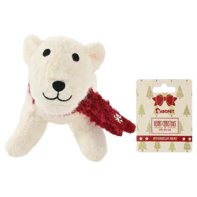 Christmas polar bear dog toy with red scarf and holiday retail hang tag packaging