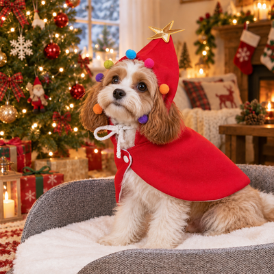 Small dog wearing red Christmas pet cape with hood and colorful pom poms beside decorated Christmas tree
