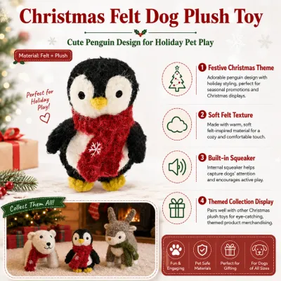 Christmas felt penguin dog plush toy infographic with festive theme, soft texture and built-in squeaker