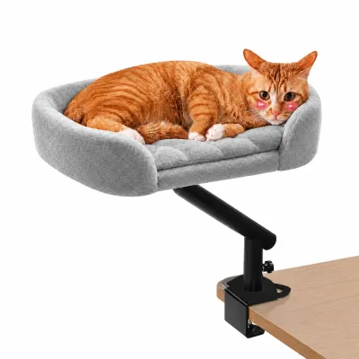 Grey desk mounted cat bed with soft cushioned bed, 360 degree rotating arm and secure table clamp for cats.