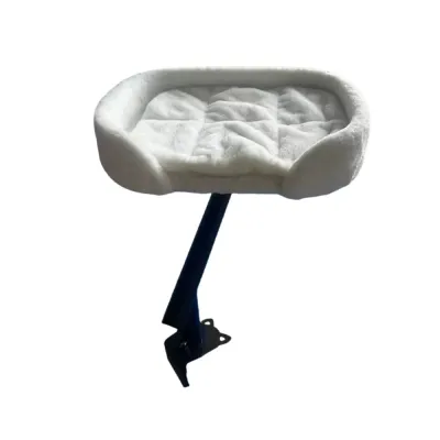 Grey clamp on desk cat bed with soft cushioned sleeping surface and black metal support arm.