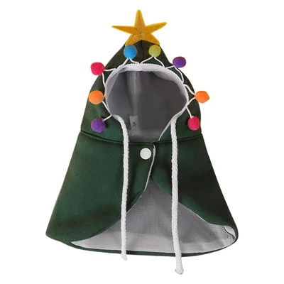 Green Christmas Pet Cape with Hood for Dogs and Cats Green Christmas pet cape with hood, colorful pom poms and gold star decoration for dogs and cats