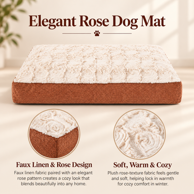 Elegant Rose Dog Mat with Soft Plush Surface Elegant rose dog mat with faux linen sides and soft plush rose textured sleeping surface
