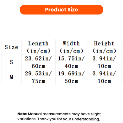 Rose Dog Mat Size Chart S and M Rose dog mat size chart showing S 23.62 x 15.75 x 3.94 inches and M 29.53 x 19.69 x 3.94 inches